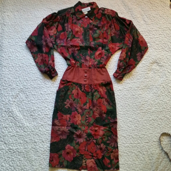 Eklektic Petites Dresses & Skirts - Vtg EklekticPetites Floral Leather Wool Midi Dress